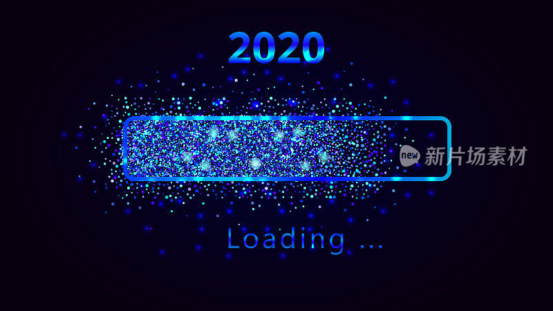 New Year 2020 numbers with magic loading progress bar, blue glitter and sparkles. Template design for holiday web banner, poster, wallpaper, carnival, greeting card or invitation, end of year.